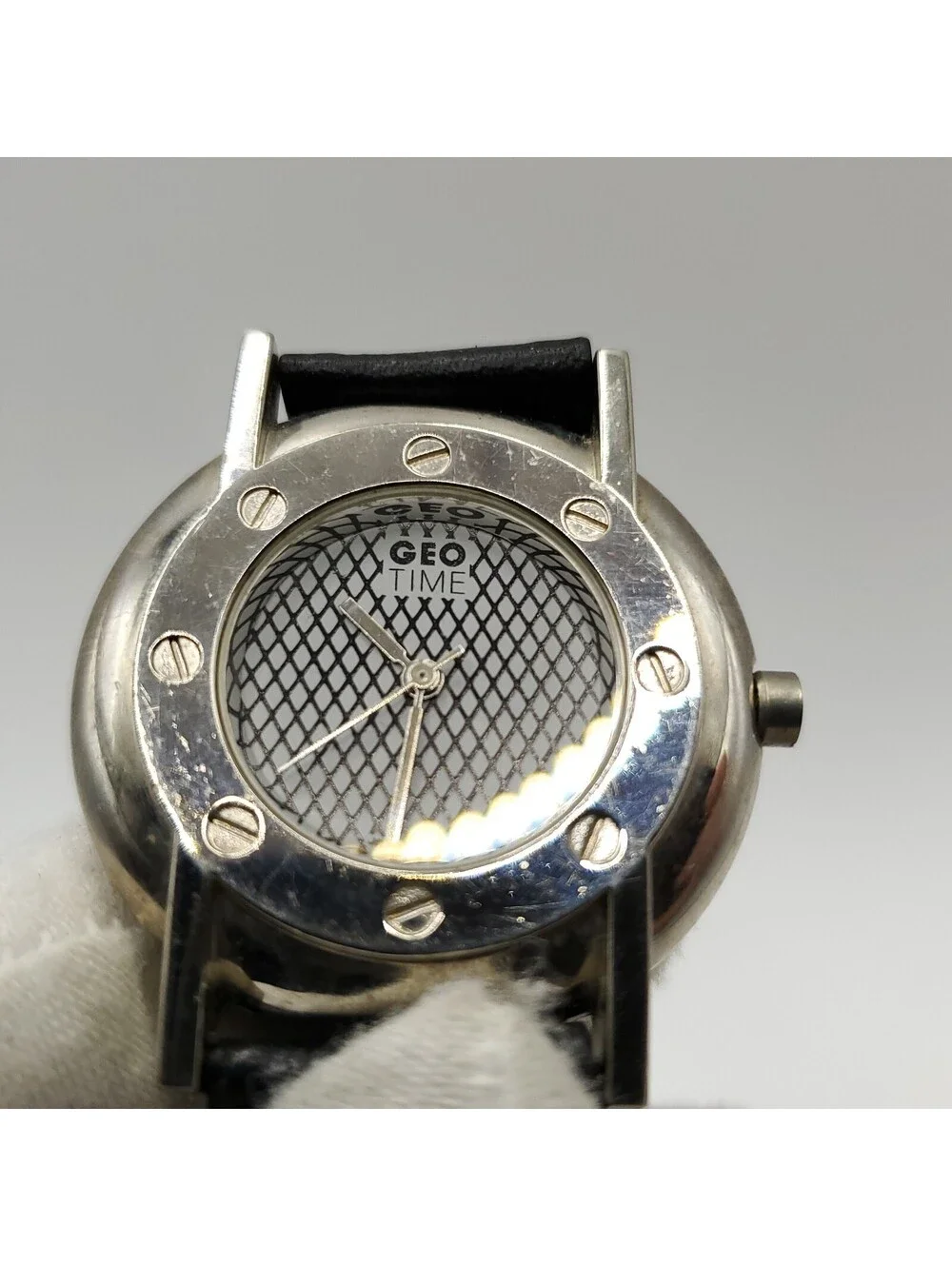 Geo Time Always Ahead Of Time 35mm Quartz New Battery Silver Tone Black Band